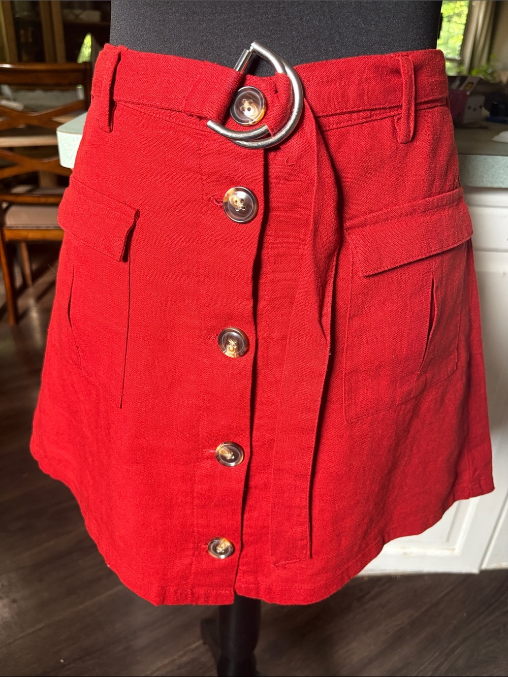 Revamped Red Button-Front Mini Skirt with D-Ring Belt